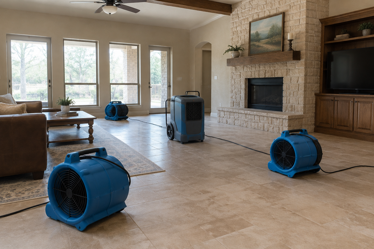 Air movers and a dehumidifier drying a tile living room in a Rio Grande Valley home