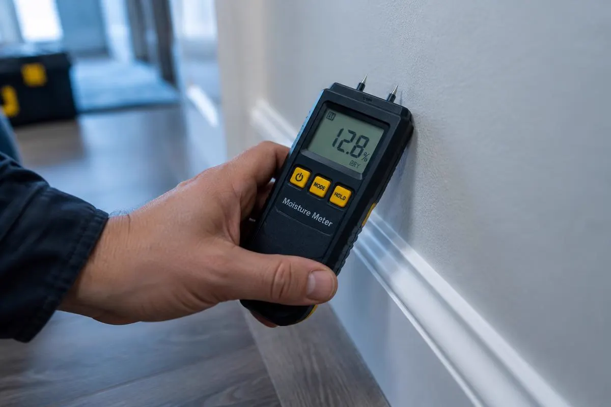 Moisture meter reading drywall near a baseboard during water damage inspection in Hidalgo County, TX